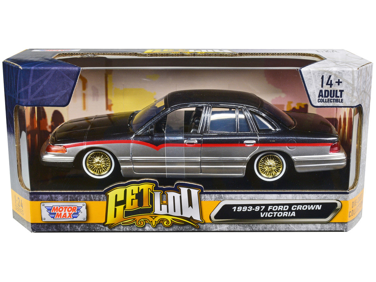1993-1997 Ford Crown Victoria Lowrider Black Metallic and Silver with Red Stripes "Get Low" Series 1/24 Diecast Model Car by Motormax by Motormax