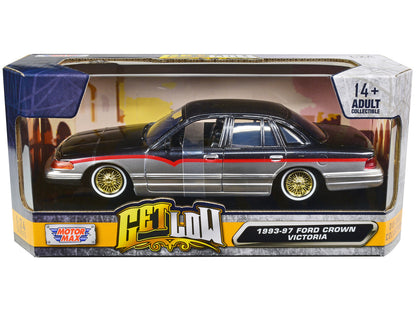 1993-1997 Ford Crown Victoria Lowrider Black Metallic and Silver with Red Stripes "Get Low" Series 1/24 Diecast Model Car by Motormax by Motormax