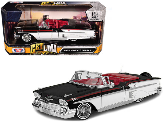 1958 Chevrolet Impala Convertible Lowrider Black and White with Red Interior "Get Low" Series 1/24 Diecast Model Car by Motormax by Motormax