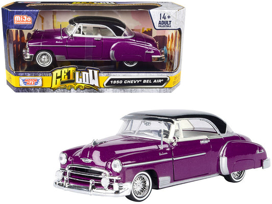 1950 Chevrolet Bel Air Lowrider Purple Metallic with Black Top and White Interior "Get Low" Series 1/24 Diecast Model Car by Motormax by Motormax