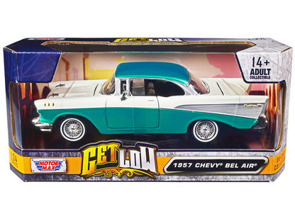 1957 Chevrolet Bel Air Lowrider Turquoise Metallic and White "Get Low" Series 1/24 Diecast Model Car by Motormax by Motormax
