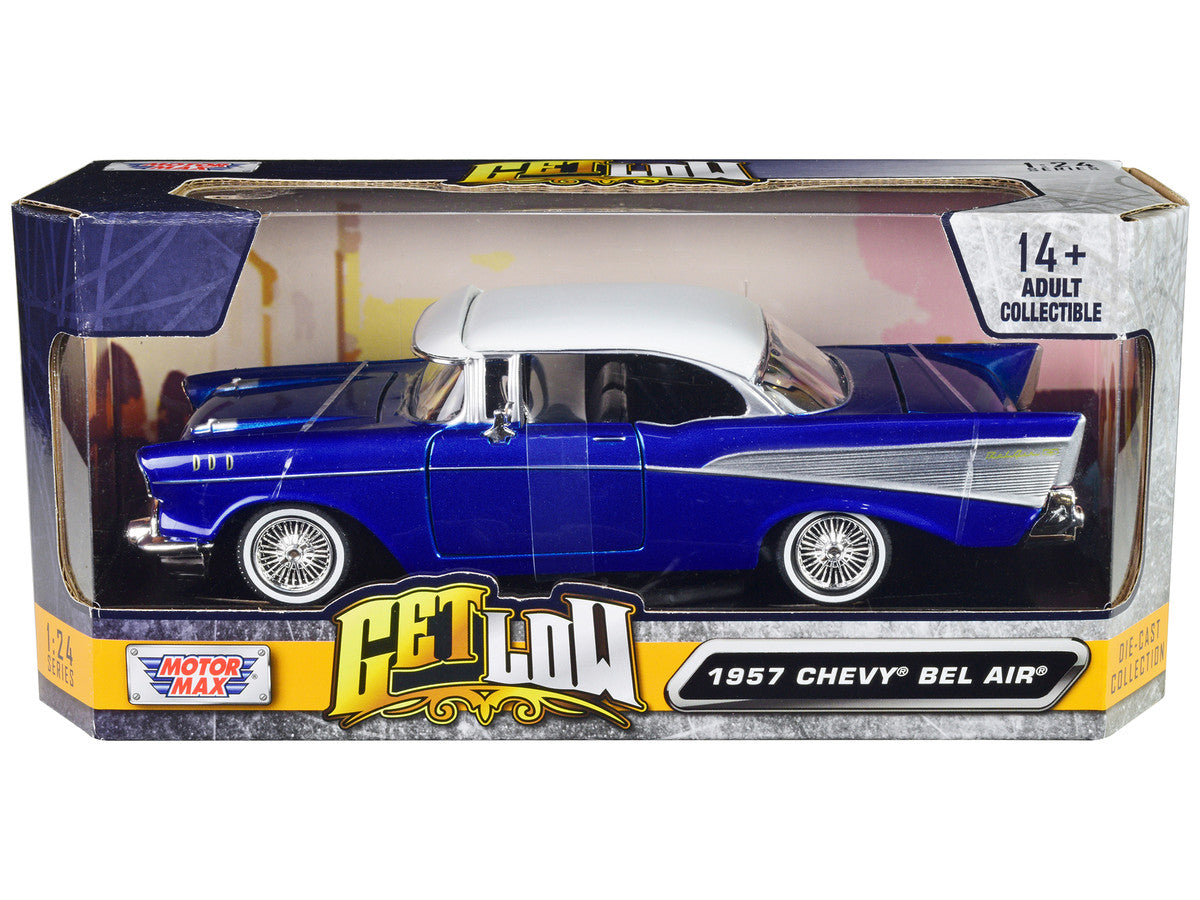 1957 Chevrolet Bel Air Lowrider Candy Blue with White Top "Get Low" Series 1/24 Diecast Model Car by Motormax by Motormax
