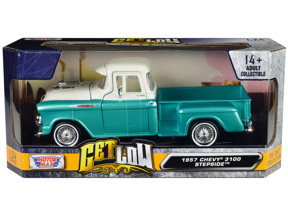 1957 Chevrolet 3100 Stepside Pickup Truck Lowrider Turquoise Metallic and White with White Interior "Get Low" Series 1/24 Diecast Model Car by Motormax by Motormax