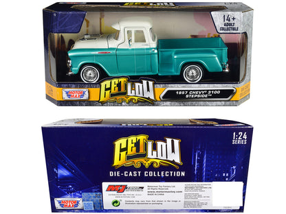 1957 Chevrolet 3100 Stepside Pickup Truck Lowrider Turquoise Metallic and White with White Interior "Get Low" Series 1/24 Diecast Model Car by Motormax by Motormax