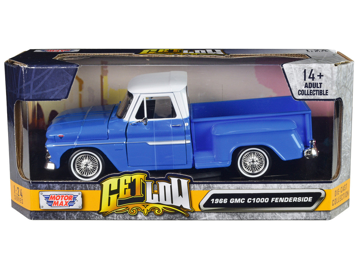 1966 GMC C1000 Fenderside Pickup Truck Lowrider Blue with White Top "Get Low" Series 1/24 Diecast Model Car by Motormax by Motormax