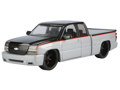 2006 Chevrolet Silverado Custom Pickup Truck Silver Metallic and Black with Red Stripes "Die-Cast Collection" Series 1/25 Diecast Model Car by Motormax by Motormax