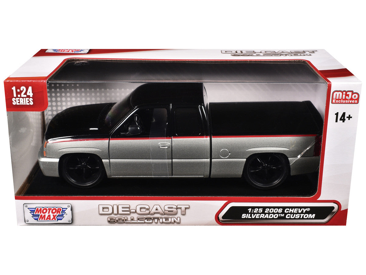 2006 Chevrolet Silverado Custom Pickup Truck Silver Metallic and Black with Red Stripes "Die-Cast Collection" Series 1/25 Diecast Model Car by Motormax by Motormax