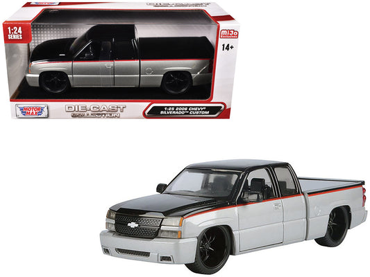 2006 Chevrolet Silverado Custom Pickup Truck Silver Metallic and Black with Red Stripes "Die-Cast Collection" Series 1/25 Diecast Model Car by Motormax by Motormax