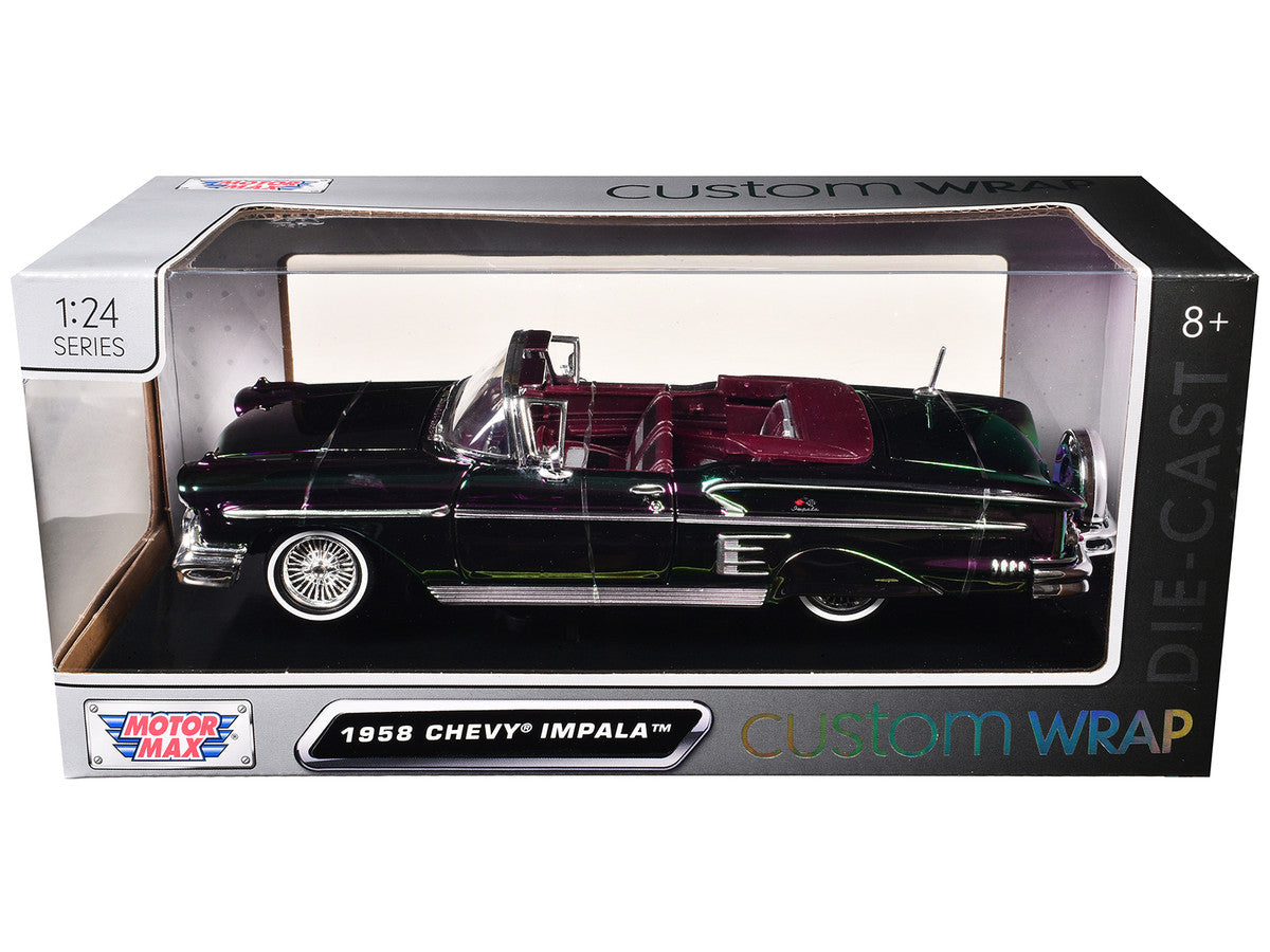 1958 Chevrolet Impala Green and Purple Chrome "Custom Wrap" Series 1/24 Diecast Model Car by Motormax by Motormax