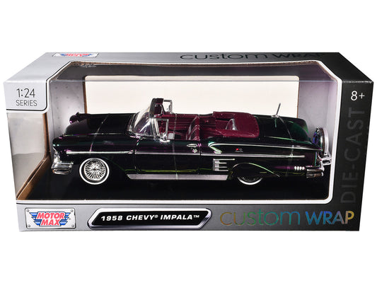 1958 Chevrolet Impala Green and Purple Chrome "Custom Wrap" Series 1/24 Diecast Model Car by Motormax by Motormax