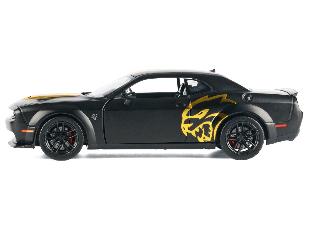 2018 Dodge Challenger SRT Hellcat Widebody Matt Black with Gold Stripes and Graphics "Midnight Eclipse" Series 1/24 Diecast Model Car by Motormax by Motormax