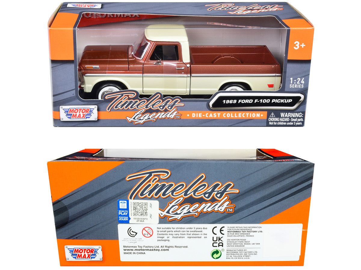 1969 Ford F-100 Pickup Truck Brown Metallic and Cream "Timeless Legends" 1/24 Diecast Model Car by Motormax by Motormax