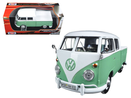 Volkswagen Type 2 (T1) Double Cab Pickup Truck White and Green 1/24 Diecast Model Car by Motormax by Motormax