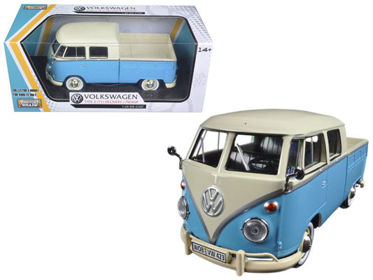 Volkswagen Type 2 (T1) Double Cab Pickup Truck Light Blue and Cream 1/24 Diecast Model Car by Motormax by Motormax