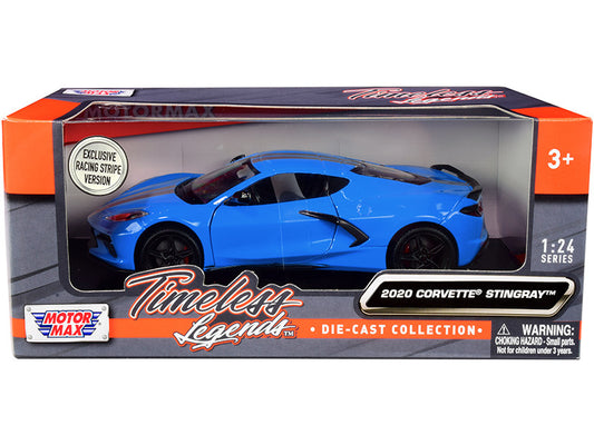 2020 Chevrolet Corvette C8 Stingray Blue with Silver Racing Stripes "Timeless Legends" 1/24 Diecast Model Car by Motormax by Motormax