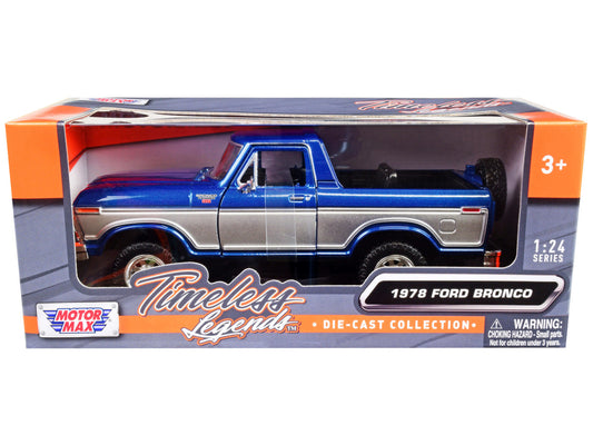 1978 Ford Bronco Ranger XLT (Open Top) with Spare Tire Blue Metallic and Silver "Timeless Legends" Series 1/24 Diecast Model Car by Motormax by Motormax