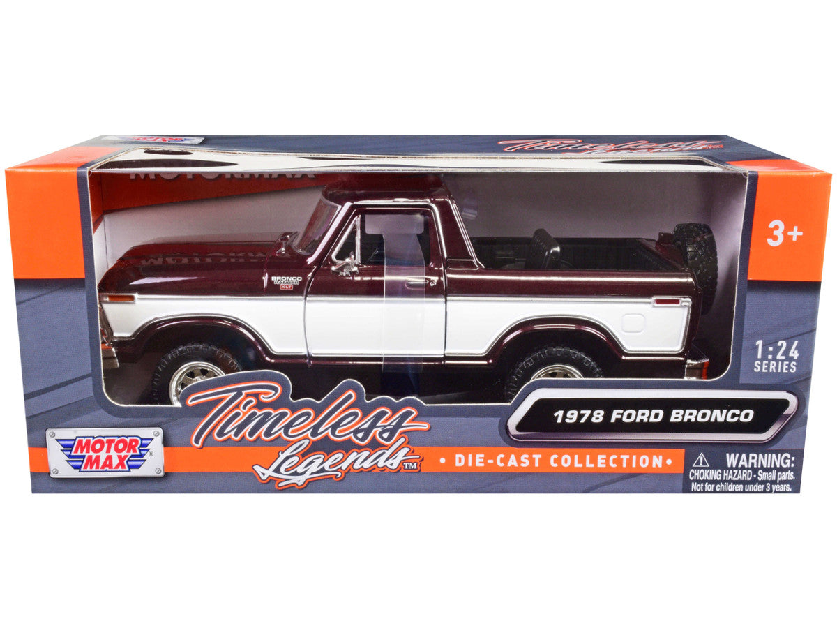 1978 Ford Bronco Ranger XLT (Open Top) with Spare Tire Burgundy Metallic and White "Timeless Legends" Series 1/24 Diecast Model Car by Motormax by Motormax