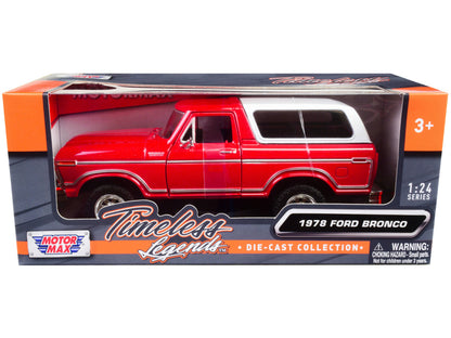 1978 Ford Bronco Custom Red and White "Timeless Legends" Series 1/24 Diecast Model Car by Motormax by Motormax