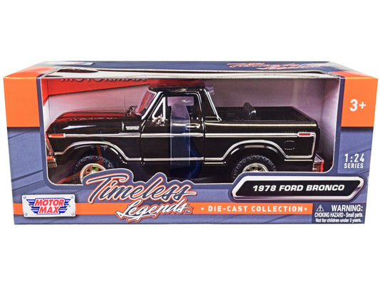 1978 Ford Bronco Custom (Open Top) Black "Timeless Legends" Series 1/24 Diecast Model Car by Motormax by Motormax