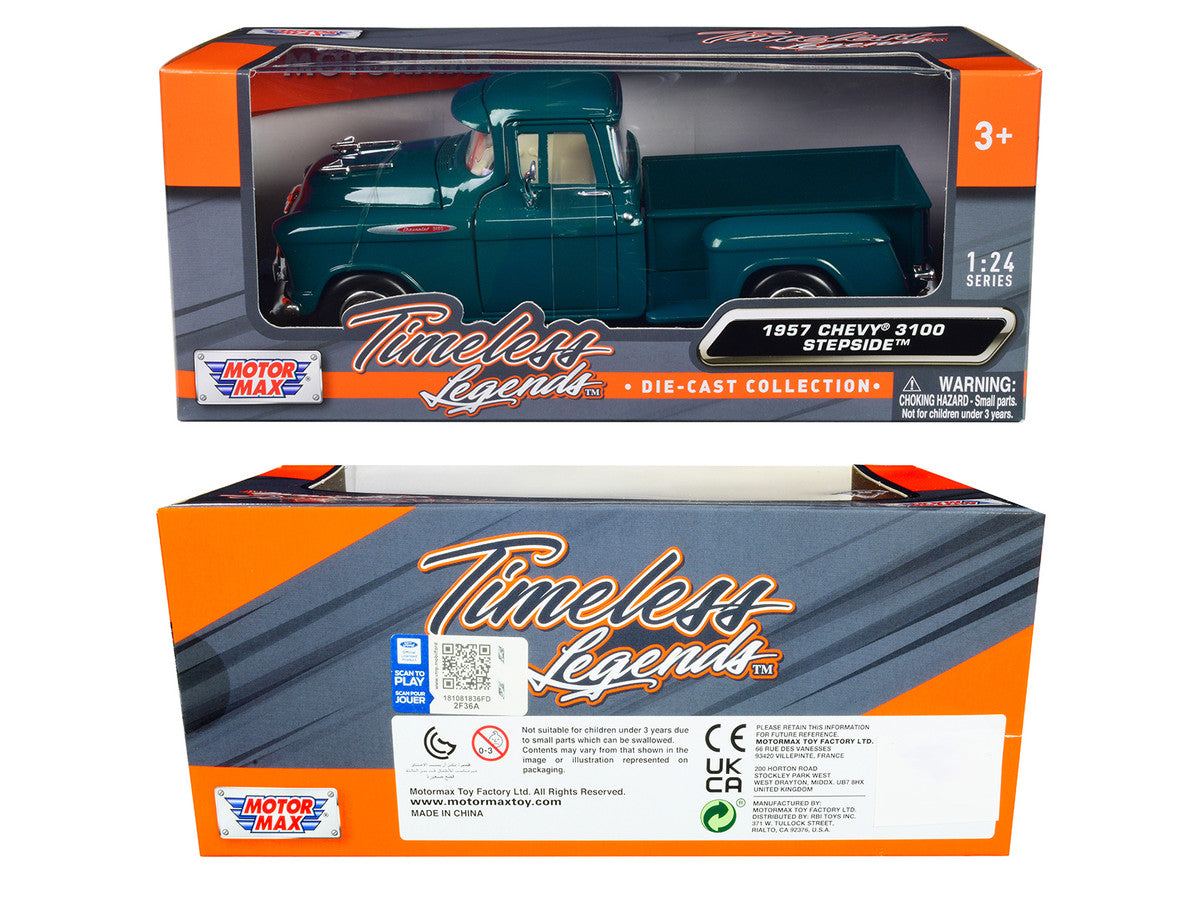 1957 Chevrolet 3100 Stepside Pickup Truck Teal Metallic "Timeless Legends" Series 1/24 Diecast Model Car by Motormax by Motormax