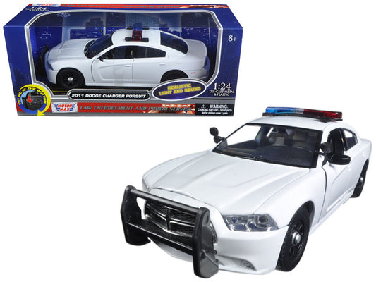 2011 Dodge Charger Pursuit Police Car White with Flashing Light Bar, Front and Rear Lights and 2 Sounds 1/24 Diecast Model Car by Motormax by Motormax
