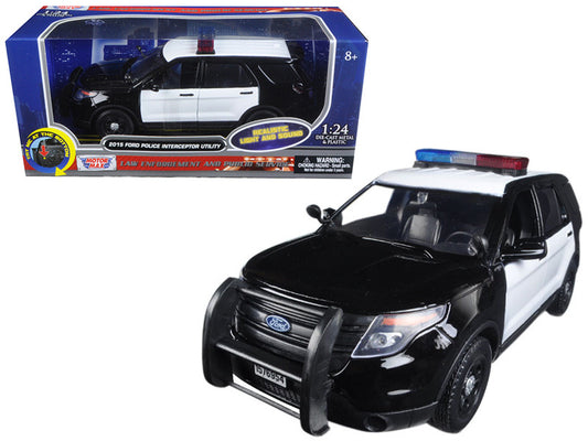 2015 Ford Police Interceptor Utility Black and White with Flashing Light Bar and Front and Rear Lights and 2 Sounds 1/24 Diecast Model Car by Motormax by Motormax