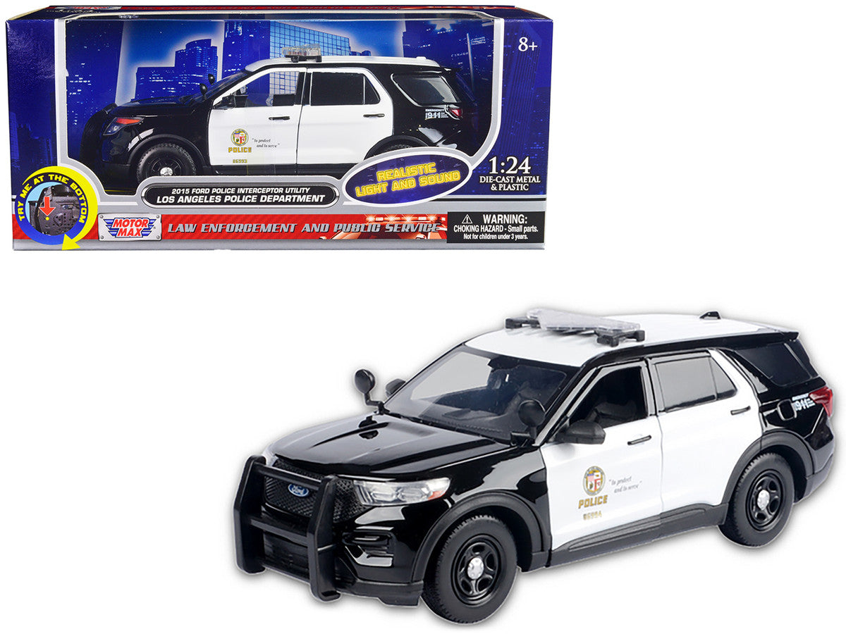 2015 Ford Police Interceptor Utility Black and White "Los Angeles Police Department (LAPD)" with Flashing Light Bar and Front and Rear Lights and Sounds 1/24 Diecast Model Car by Motormax by Motormax