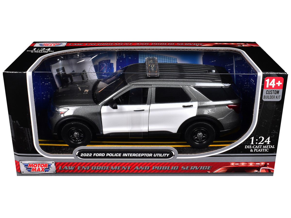 2022 Ford Police Interceptor Utility Gray Metallic with White Doors "Builder's Kit" with Flashing Light Bar and Front and Rear Lights and Sounds 1/24 Diecast Model Car by Motormax by Motormax