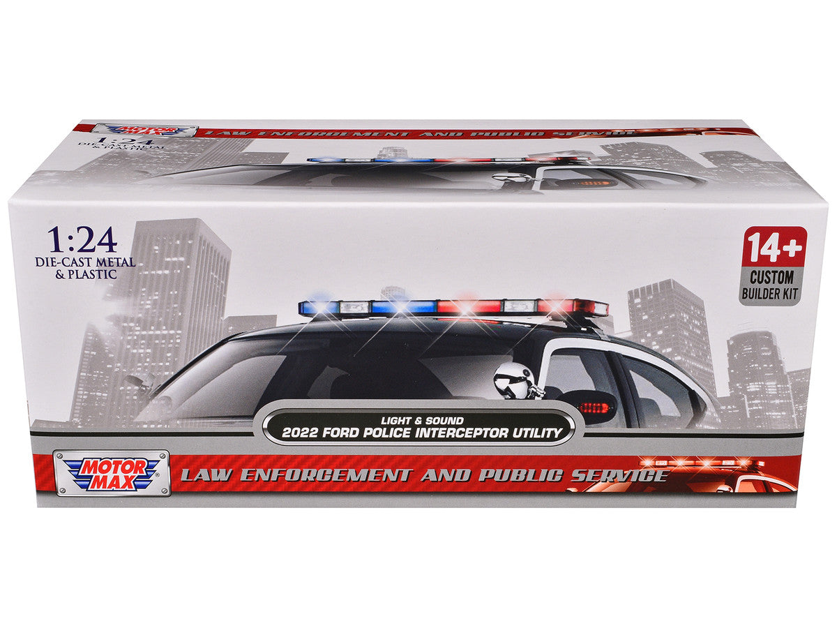 2022 Ford Police Interceptor Utility Black and White "Builder's Kit" with Flashing Light Bar and Front and Rear Lights and Sounds 1/24 Diecast Model Car by Motormax by Motormax