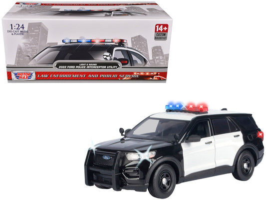 2022 Ford Police Interceptor Utility Black and White "Builder's Kit" with Flashing Light Bar and Front and Rear Lights and Sounds 1/24 Diecast Model Car by Motormax by Motormax