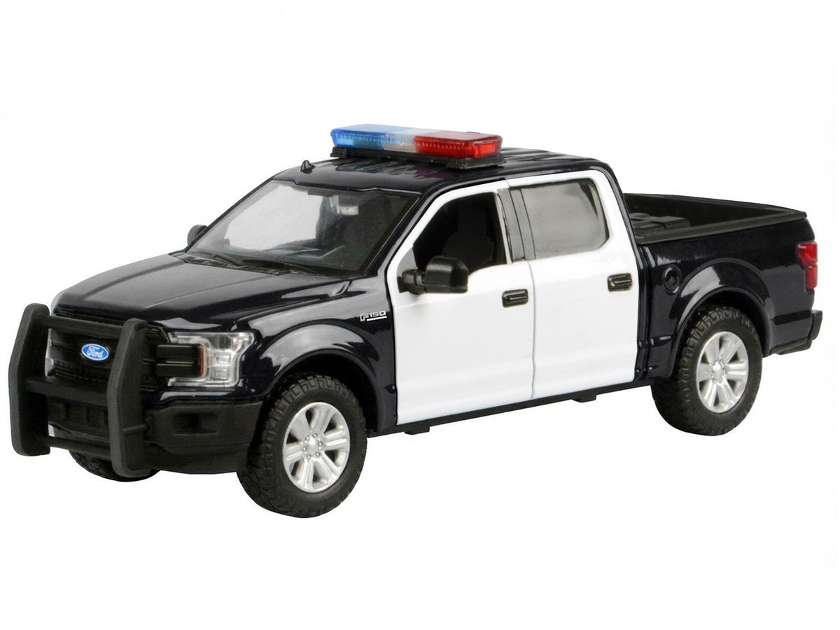 2019 Ford F-150 Lariat Crew Cab Pickup Truck Black and White with Flashing Light Bar and Front and Rear Lights and Sounds 1/24-1/27 Diecast Model Car by Motormax by Motormax
