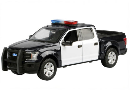 2019 Ford F-150 Lariat Crew Cab Pickup Truck Black and White with Flashing Light Bar and Front and Rear Lights and Sounds 1/24-1/27 Diecast Model Car by Motormax by Motormax