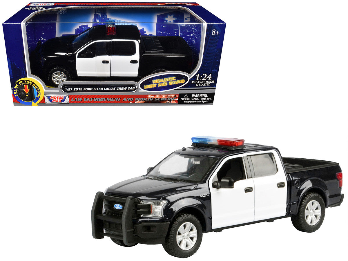 2019 Ford F-150 Lariat Crew Cab Pickup Truck Black and White with Flashing Light Bar and Front and Rear Lights and Sounds 1/24-1/27 Diecast Model Car by Motormax by Motormax