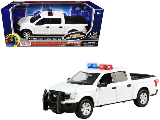 2019 Ford F-150 Lariat Crew Cab Pickup Truck White with Flashing Light Bar and Front and Rear Lights and Sounds 1/24-1/27 Diecast Model Car by Motormax by Motormax
