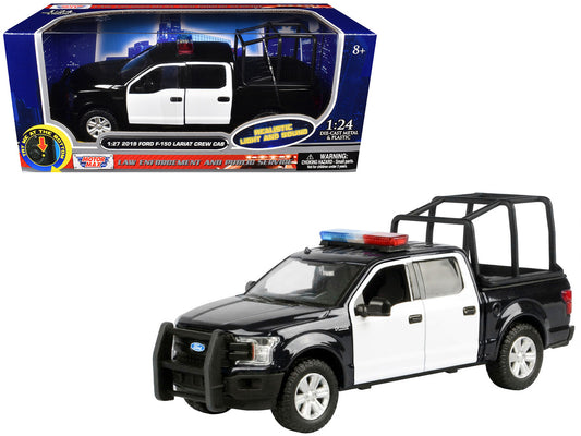 2019 Ford F-150 Lariat Crew Cab Pickup Truck with Bed Cage Black and White with Flashing Light Bar and Front and Rear Lights and Sounds 1/24-1/27 Diecast Model Car by Motormax by Motormax