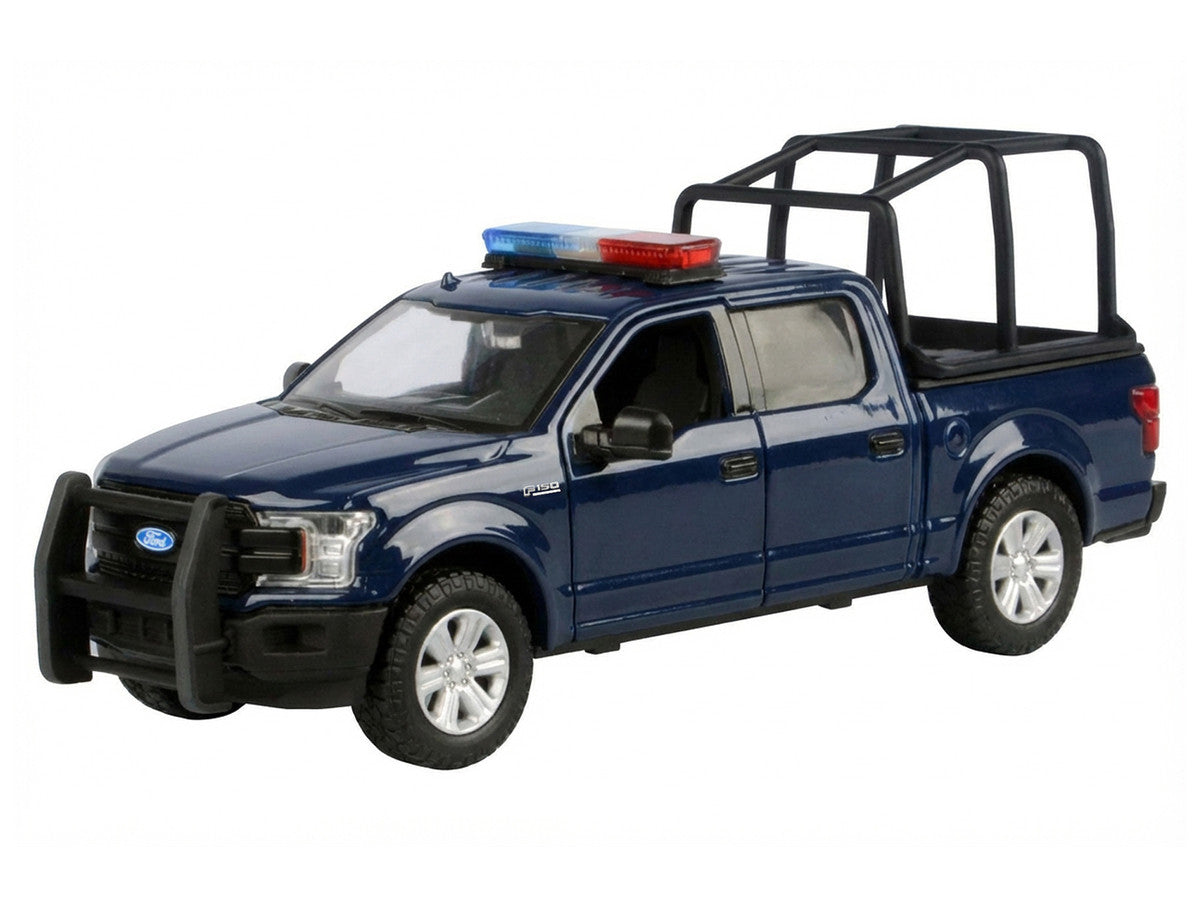 2019 Ford F-150 Lariat Crew Cab Pickup Truck with Bed Cage Dark Blue with Flashing Light Bar and Front and Rear Lights and Sounds 1/24-1/27 Diecast Model Car by Motormax by Motormax