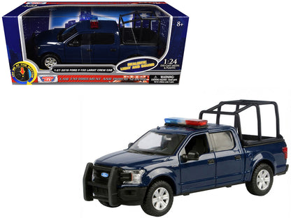 2019 Ford F-150 Lariat Crew Cab Pickup Truck with Bed Cage Dark Blue with Flashing Light Bar and Front and Rear Lights and Sounds 1/24-1/27 Diecast Model Car by Motormax by Motormax