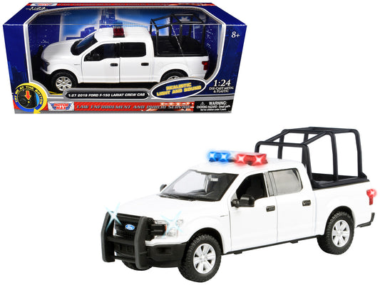 2019 Ford F-150 Lariat Crew Cab Pickup Truck with Bed Cage White with Flashing Light Bar and Front and Rear Lights and Sounds 1/24-1/27 Diecast Model Car by Motormax by Motormax