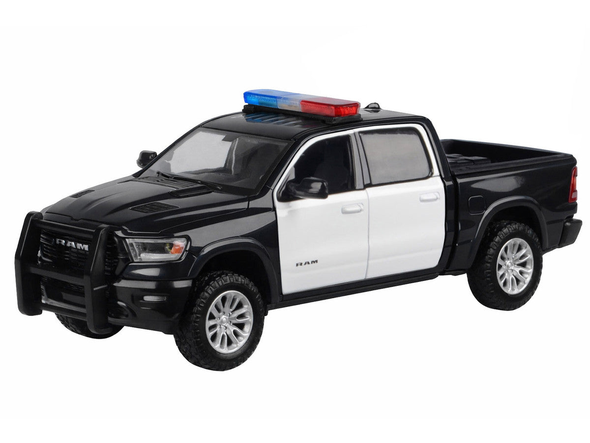 2019 RAM 1500 Laramie Crew Cab Pickup Truck Black and White with Flashing Light Bar and Front and Rear Lights and Sounds 1/24-1/27 Diecast Model Car by Motormax by Motormax
