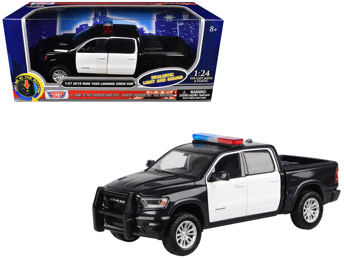 2019 RAM 1500 Laramie Crew Cab Pickup Truck Black and White with Flashing Light Bar and Front and Rear Lights and Sounds 1/24-1/27 Diecast Model Car by Motormax by Motormax