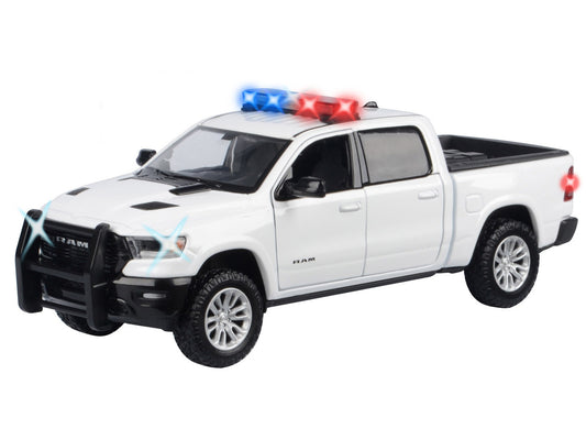 2019 RAM 1500 Laramie Crew Cab Pickup Truck White with Flashing Light Bar and Front and Rear Lights and Sounds 1/24-1/27 Diecast Model Car by Motormax