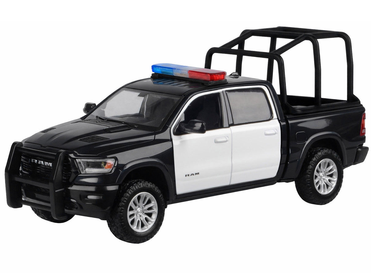 2019 RAM 1500 Laramie Crew Cab Pickup Truck with Bed Cage Black and White with Flashing Light Bar and Front and Rear Lights and Sounds 1/24-1/27 Diecast Model Car by Motormax by Motormax