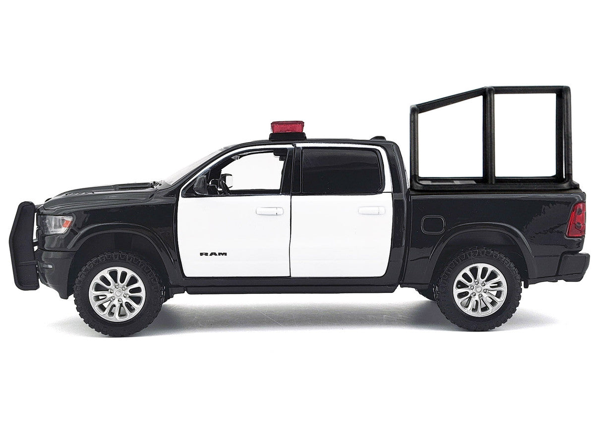 2019 RAM 1500 Laramie Crew Cab Pickup Truck with Bed Cage Black and White with Flashing Light Bar and Front and Rear Lights and Sounds 1/24-1/27 Diecast Model Car by Motormax by Motormax