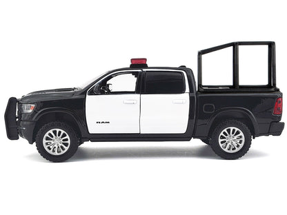 2019 RAM 1500 Laramie Crew Cab Pickup Truck with Bed Cage Black and White with Flashing Light Bar and Front and Rear Lights and Sounds 1/24-1/27 Diecast Model Car by Motormax by Motormax