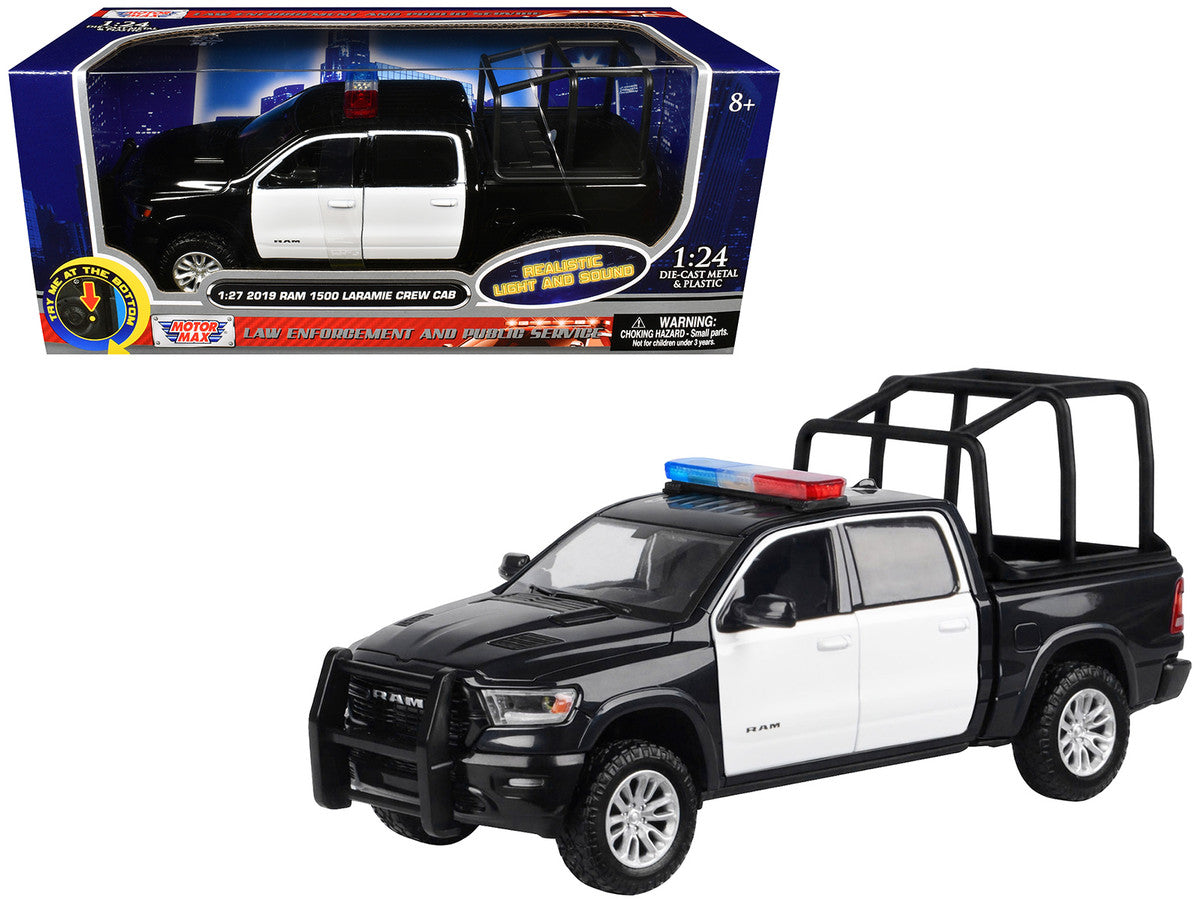 2019 RAM 1500 Laramie Crew Cab Pickup Truck with Bed Cage Black and White with Flashing Light Bar and Front and Rear Lights and Sounds 1/24-1/27 Diecast Model Car by Motormax by Motormax