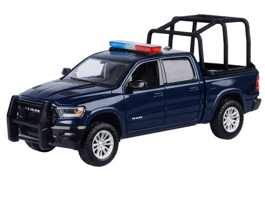 2019 RAM 1500 Laramie Crew Cab Pickup Truck with Bed Cage Dark Blue with Flashing Light Bar and Front and Rear Lights and Sounds 1/24-1/27 Diecast Model Car by Motormax by Motormax