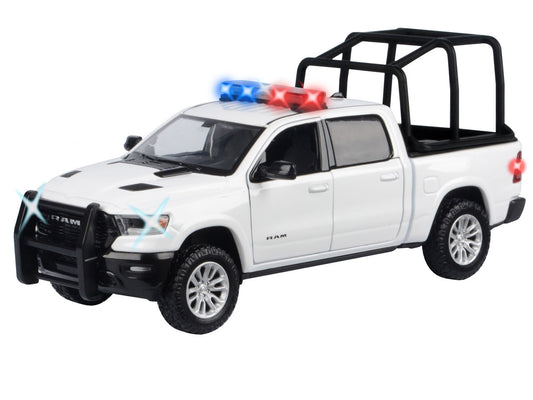 2019 RAM 1500 Laramie Crew Cab Pickup Truck with Bed Cage White with Flashing Light Bar and Front and Rear Lights and Sounds 1/24-1/27 Diecast Model Car by Motormax by Motormax