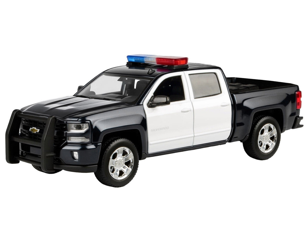 2017 Chevrolet Silverado 1500 LT Z71 Crew Cab Pickup Truck Black and White with Flashing Light Bar and Front and Rear Lights and Sounds 1/24-1/27 Diecast Model Car by Motormax by Motormax