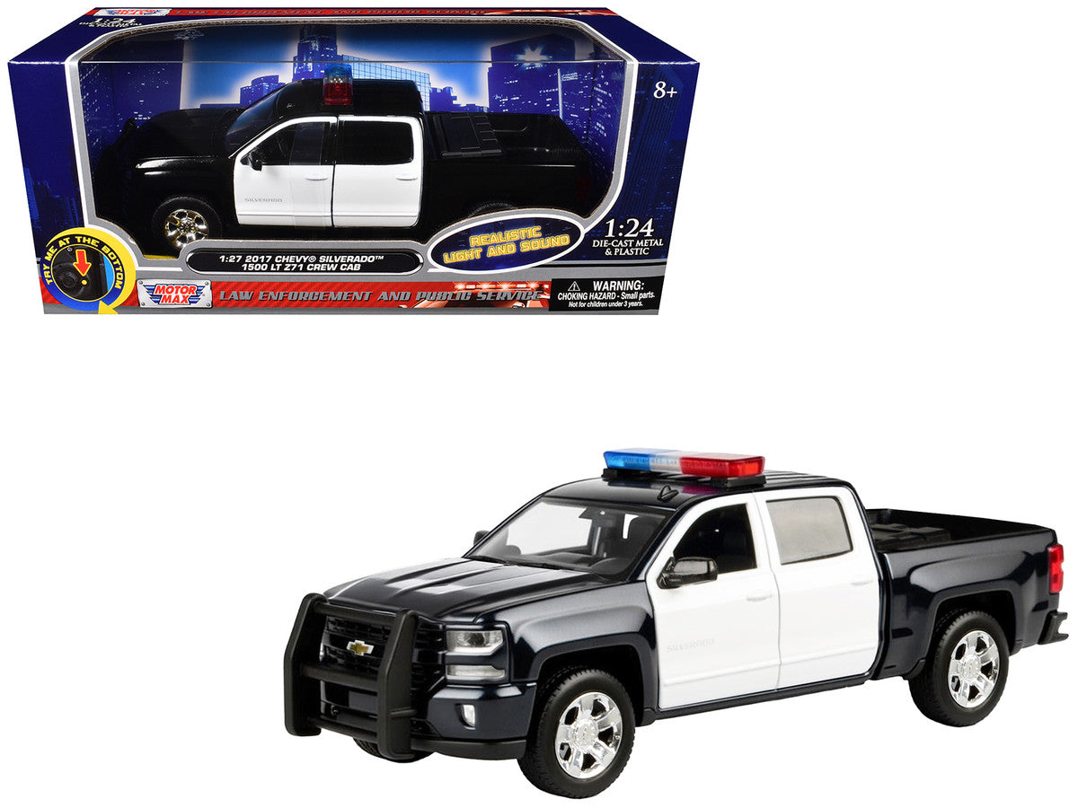 2017 Chevrolet Silverado 1500 LT Z71 Crew Cab Pickup Truck Black and White with Flashing Light Bar and Front and Rear Lights and Sounds 1/24-1/27 Diecast Model Car by Motormax by Motormax