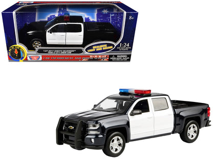 2017 Chevrolet Silverado 1500 LT Z71 Crew Cab Pickup Truck Black and White with Flashing Light Bar and Front and Rear Lights and Sounds 1/24-1/27 Diecast Model Car by Motormax by Motormax